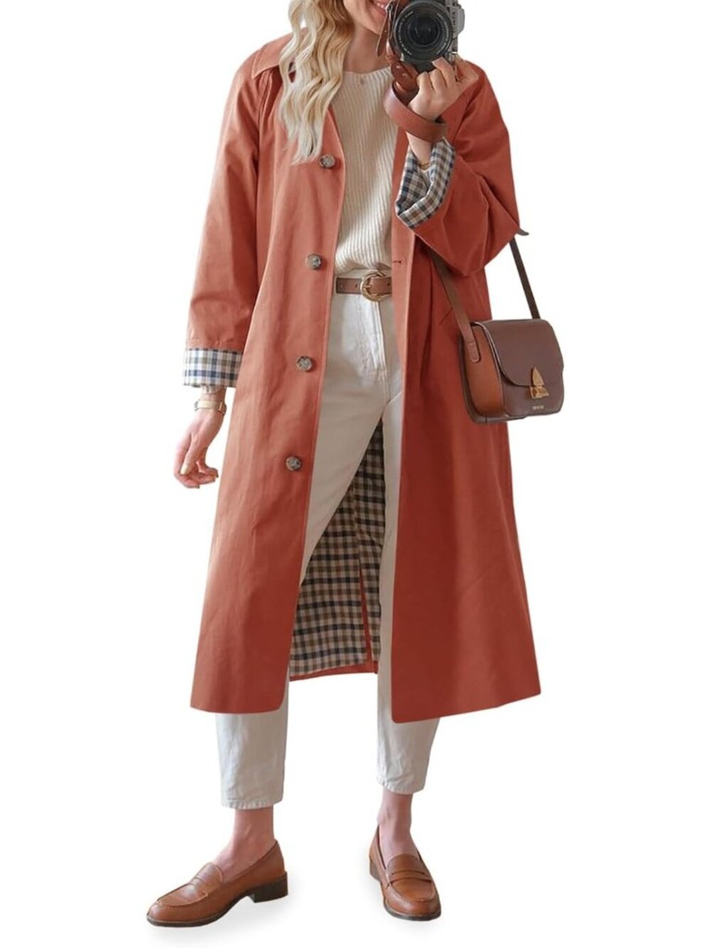 Women's Orange Red Breasted Windproof Plaid Inner Lining Oversized Trench Coat